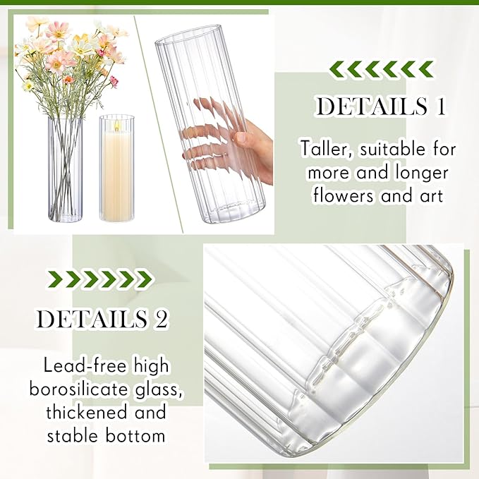 2 Pcs 12 Inch Tall Glass Ribbed Cylinder Vases Clear Floating Candle Flower Vase in Bulk, Hurricane Candle Holder for Wedding Housewarming Gift Table Centerpieces