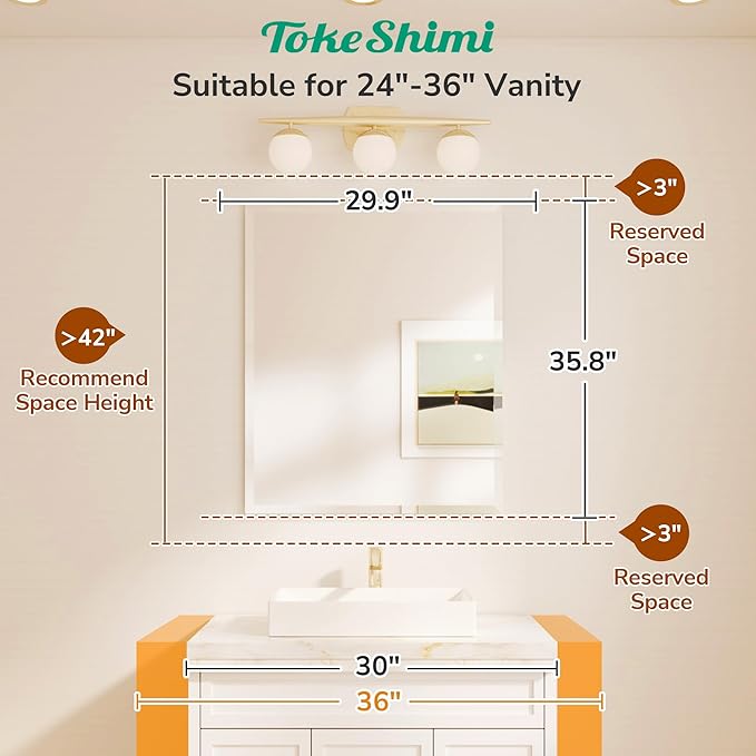 TokeShimi 30x36 Beveled Bathroom Mirror Frameless, Rectangle Bathroom Vanity Mirror with 1" Beveled Edge, Shatterproof Modern Mirrored Wall Decor for Living Room, Entryway, Bedroom