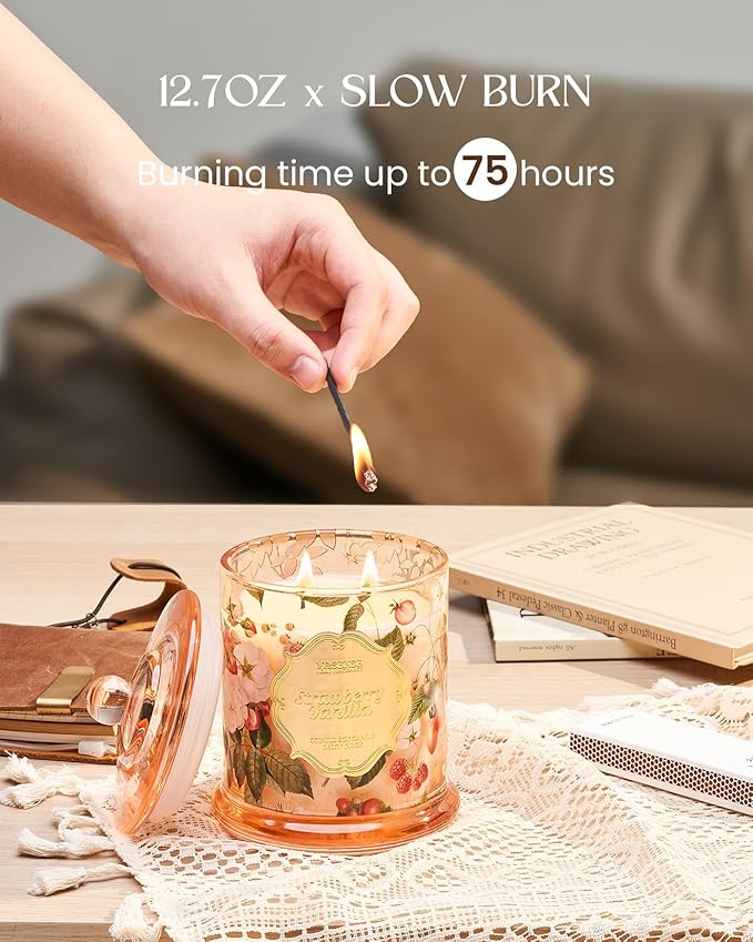 M&SENSE Strawberry Vanilla Scented Candle, Natural Organic Soy Candle 12.7oz 75 Hour Long Lasting Slow Burning, Good Smelling Relaxing Aromatherapy Aaesthetic Gift for Women