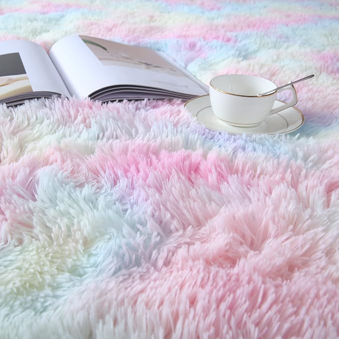 Rainbow Rugs for Girls Bedroom Living Room,8x10 Feet Shag Fuzzy Area Rug for Kids Playroom,Pastel Plush Shaggy Carpet for Nursery Baby Toddler Dorm Room