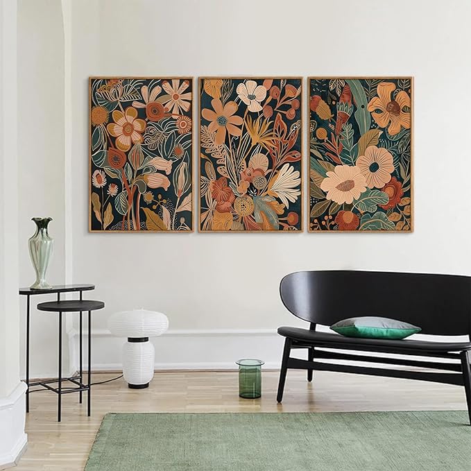 Tinonedraw Burnt Orange Floral Framed Canvas Wall Art Set of 3, Boho Chic Flower Artwork, Mid Century Modern Wall Decor, Colorful Neutral Botanical Art Prints for Bedroom Living Room Office 24"x36"