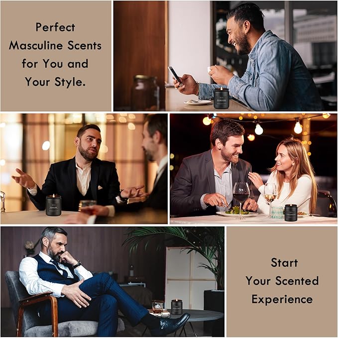 Scented Candles Set | Men Candle Set, Scented Candles for Home, Gifts for Men Aromatherapy Gift Set - 4 Pack Manly Gifts for Dad Fathers Day, Soy Candle of Leather/Smoke & Vanilla/Oak/Lavender
