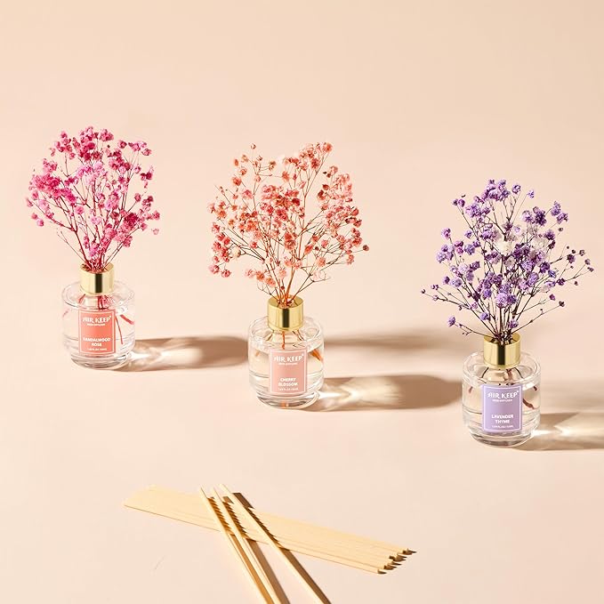 Airkeep Reed Diffuser Set of 3, Lavender Thyme Sandalwood Rose Cherry Blossom Oil Reed Diffusers for Bedroom Living Room Office Aromatherapy Oil Reed Diffuser for Gift 50ml x 3