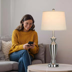 30" Tall Silver Table Lamps Set of 2 for Living Room, 3-Way Dimmable Touch Control Bedside Lamps for Bedroom Nightstand with USB A+C Ports & AC Outlet (2 LED Bulbs Included)