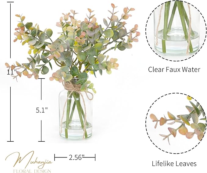 Artificial Eucalyptus Stems in Glass Vase with Faux Water,6Pcs Grey-Orange Fake Plant for Centerpiece (Grey-Orange Eucalyptus)