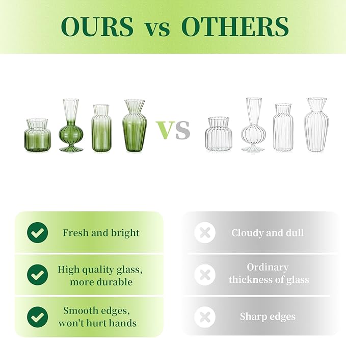 Hewory Small Ribbed Glass Bud Vases Set of 8 Green Flower Vase Centerpieces - Modern Minimalist Cute Mini Decorative Bulk Vases for Wedding Bridal Shower Birthday Party Events Dining Room Table Decor