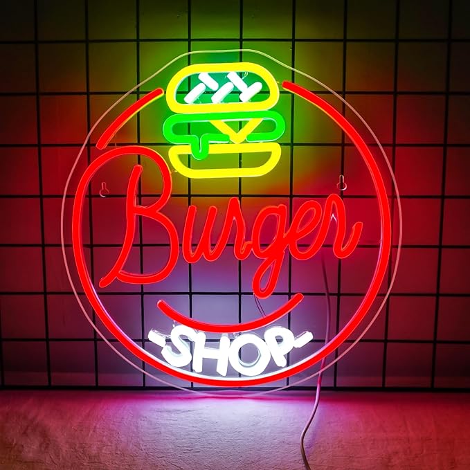 WLHOPE Hamburger Shop Neon Sign Hamburger Neon Signs for Wall Decor Dimmable Hamburger Neon Lights LED Light Up Sign for Hamburger Shop,Bar,Restaurant,Food Shop,Pub Decoration