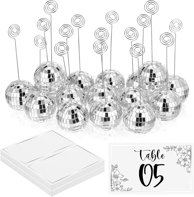 24 Pcs Disco Ball Table Number Holders, 2 Inch Silver Place Card with Swirl Wire Name Cards, Picture Holder for Tables, Photo Stand Clips for Christmas Wedding Party Favor