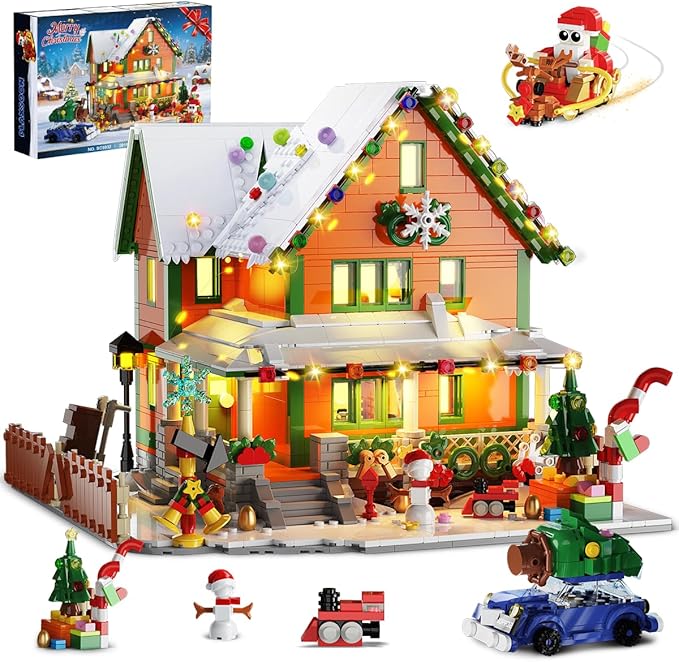 Christmas House Mini Building Set with Light, PLAXSOON 1961 PCS Holiday Snow Village Architecture Model Building Block with Santa Claus Sleigh, Xmas Display Toy Set for Adults Kids Boys Girls Ages 14+