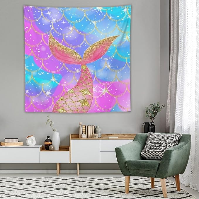 HZOHNAGO Mermaid Scales Tapestry Colorful Shiny Scales Mermaid Tail Pattern Printed Wall Tapestry Wall Hanging for Bedroom Living Room Dorm 60" W x 60" H