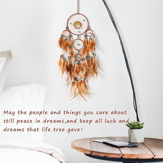Pretty Jolly Brown Feather Dream Catchers Wall Decor with Chakras Tree of Life Crystal Stone Ornament Handmade Dreamcatchers for Adult Boys Girls Bedroom Dorm Party Birthday Blessing Gift-5Rings