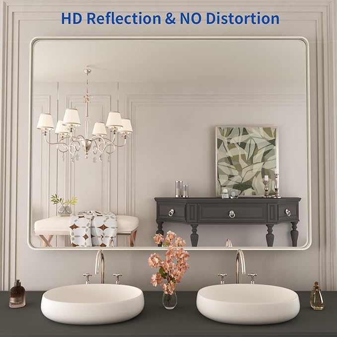 WEER 48X36 Inch Brushed Nickel Bathroom Mirror, Brushed Silver Metal Frame Mirror, Rounded Rectangle Silver Bathroom Vanity Mirror, Tempered Glass, Anti-Rust, Hangs Horizontally or Vertically