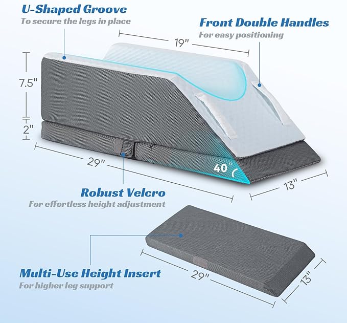 GOHOME Adjustable Leg Elevation Pillow for Post-Surgery, Knee and Ankle Injuries, Swelling, 3-Height Adjustable Memory Foam Leg Pillow with Dual Handles, Removable & Washable Cover