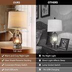 RORIANO Farmhouse Rustic Table Lamps for Living Room Set of 2, Vintage Lantern Table Lamp with Dual USB Ports, Retro Nightstand Lamp for Bedroom Bedside, 4 Bulbs Included (Iron Gray)