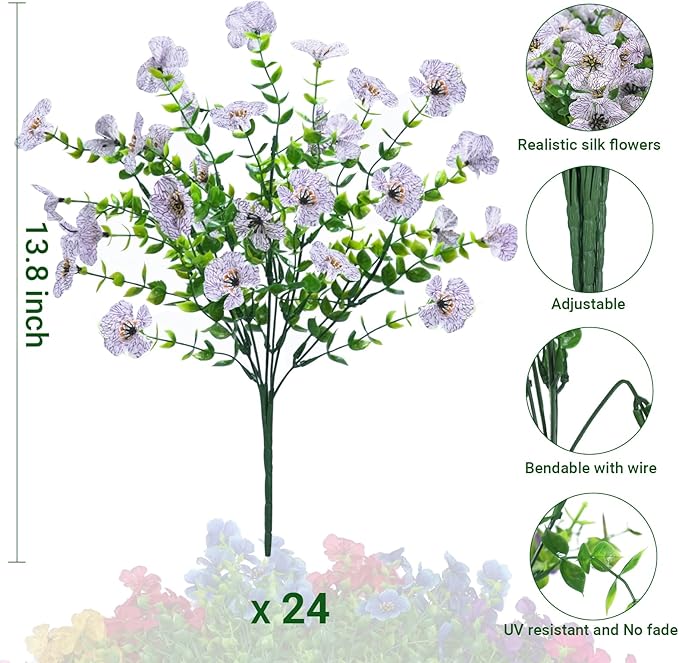 24 Bundles Artificial Flowers for Outdoors & Indoors – UV Resistant Faux Plastic Plants for Garden, Patio, Porch, Window Box, Home Decor – Lush & Vibrant Fake Flowers, White