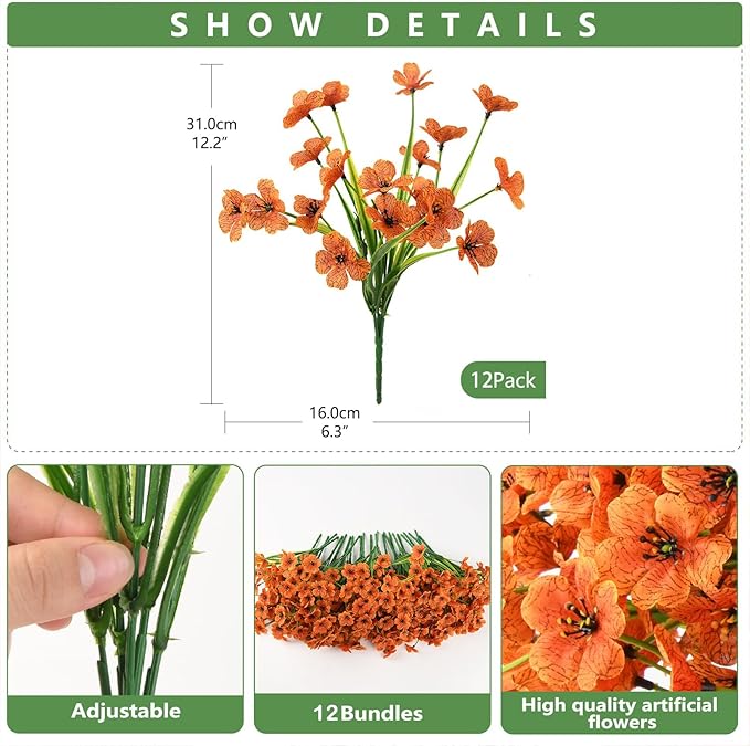 Artificial Fake Plants Flowers for Outdoor Outside Fall Decoration,12 Bundles Faux Silk Orange Daisy in Planter UV Resistant Look Real for Home Front Door Porch Patio Garden Balcony Autumn Decor