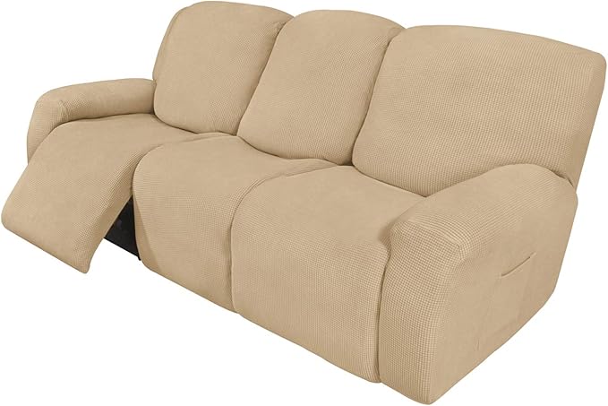Easy-Going 8 Pieces Recliner Sofa Stretch Sofa Slipcover Sofa Cover Furniture Protector Couch Soft with Elastic Bottom Kids, Spandex Jacquard Fabric Small Checks Sand