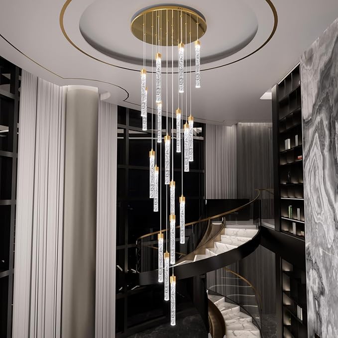 12-Light Staircase Long Pendant Light Fixture Large Chandeliers for High Ceiling Light LED Bulbs for Living Room Foyer Hallway Gold Crystal Pendant Light for Kitchen Island