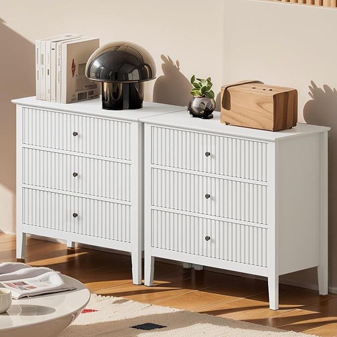 Large White Fluted 3 Drawer Dresser Set of 2, Chest of Drawers with Ball Bearing Slide Modern 30 inch Tall Wood Nightstand with Spacious Storage for Bedroom Hallway Living Room Entryway