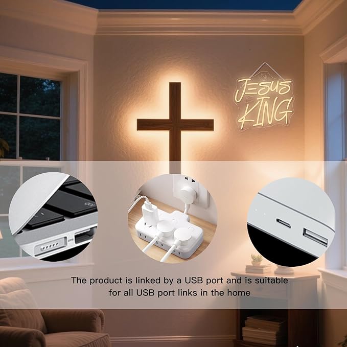 WLHOPE Jesus Is King Neon Sign Dimmable Led Signs for home Wall Decor, Neon Lights USB Powered Transparent Acrylic Board Sign for church party bedroom living room Decoration 12.99 * 12.6 inch