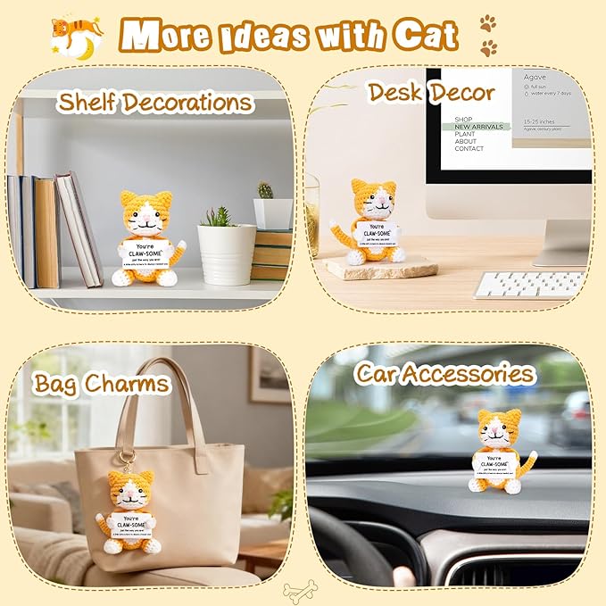 Crochet Cat Lover Gifts for Women Men, Small Funny Handmade Emotional Positive Crochet Animals Stuffed Plush, Mini Cool Cute Stuff Things Presents for Girls Boys, Fun Kitten Kitty Cat Ornament Decor