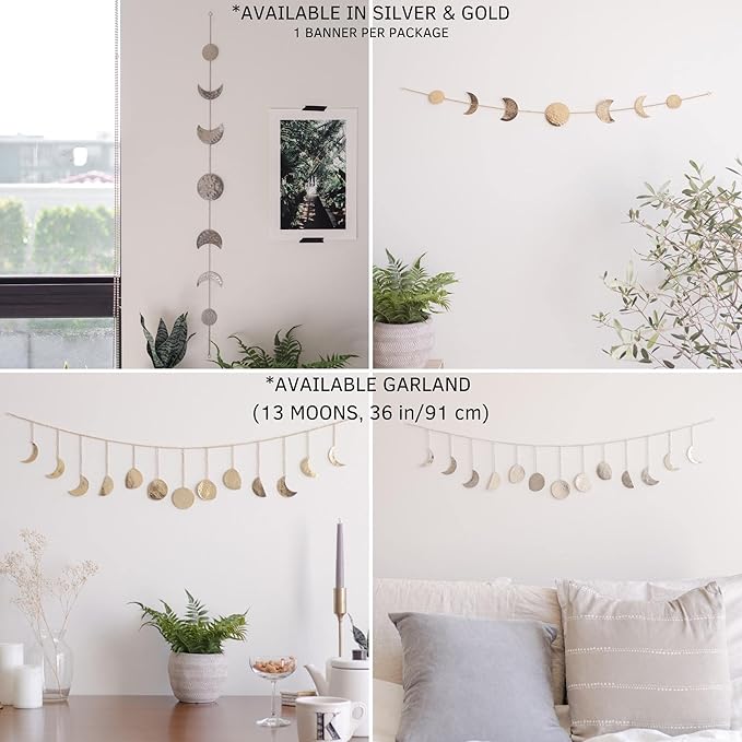 BASE ROOTS Moon Phase, Silver Wall Decor for Bedroom & Living Room, Bohemian Wall Decor, Handmade Hammered Metal 34" 7 Phases Moon, Celestial Wall Art, Gift for Women & Kids