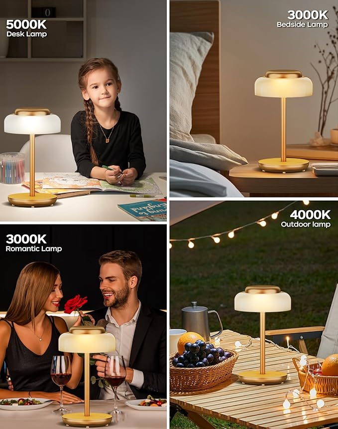 QiMH Battery Operated LED Table Lamp, 5000mAh Rechargeable Cordless Lamp Set of 2, Stepless Dimmable Touch Control, Small Waterproof Desk Night Light for Living Room, Bedroom, Outdoor Bar (Gold)