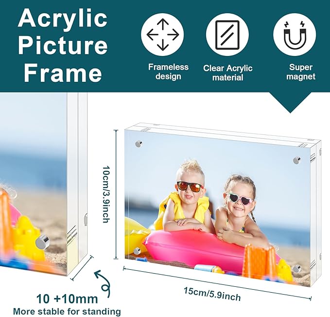 4x6 Acrylic Picture Frame 3 Pack, 20mm Clear Thickness Frameless Magnetic Double Sided Display, Plastic Table Top Photo Sign Holder, Table Paper Stand for Desktop Display, Stores