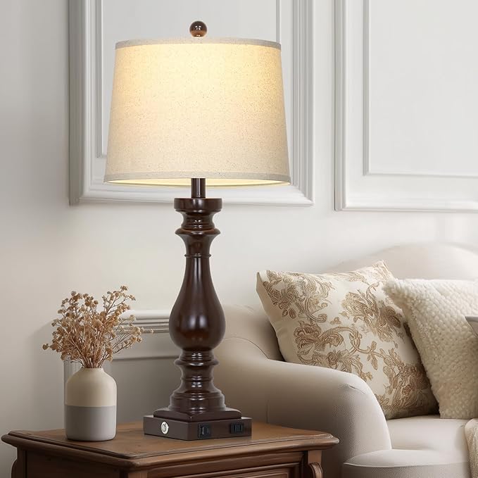 29" Tall Farmhouse Table Lamp for Living Room Set of 2,Vintage Retro Nightstand Lamps with USB C+A Ports & AC Outlet,3-Way Dimmable Touch Bedside Lamp for Bedroom Side Table,Dark Brown