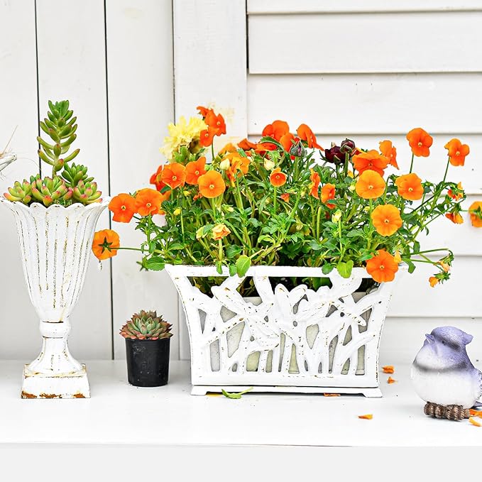 Sungmor Heavy Duty Cast Iron Planter Basket w/Non-Woven Growing Bag, Unique Shape & Beautiful Pattern Design, Hollow Orchid Flower Pot Garden Tools Holder, Rust White French Country Decor Container