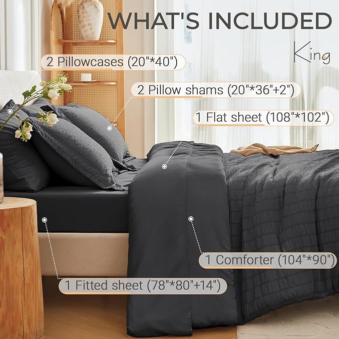 MUXHOMO 7 Pieces King Comforter Set, Seersucker Bed in a Bag King Size, All Season Luxury Bedding Set with Comforter, Flat Sheet, Fitted Sheet, Pillowcases & Shams, Dark Grey