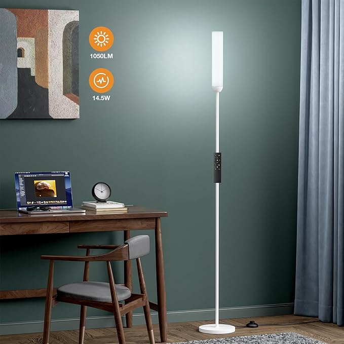 LED Floor Lamp with Remote Control, 65" Standing lamp with Stepless Adjustable 3000K-6500K Colors & 5%-100% Brightness, Foot Switch(White)