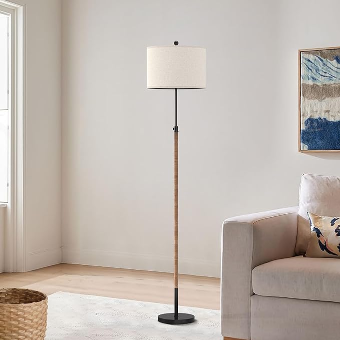Farmhouse Rattan Floor Lamp for Living Room, Adjustable Height:65"-70" Black Standing Lamp, Boho Tall Skinny Pole Light with Oatmeal Shade for Bedroom Office