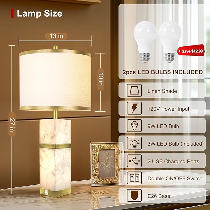 Natural Alabaster Table Lamps Set of 2 - Table Lamp with Night Light for Bedroom,Nightstand Lamps with USB Ports,Bedside Lamps with Linen Fabric Shade for Living Room,Bedroom,Office,Bar(Bulb Included)