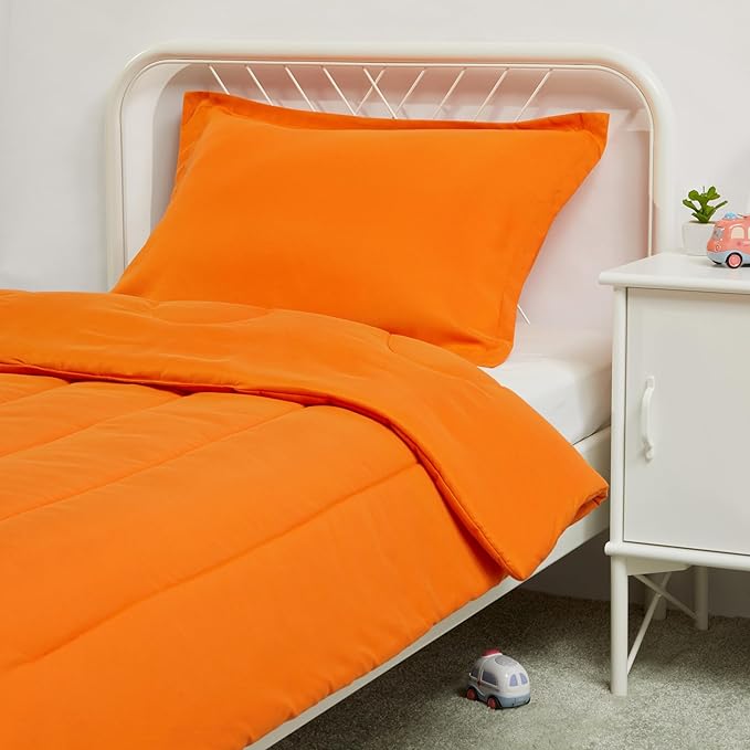 Amazon Basics 2 Piece Microfiber Kid's Comforter and Pillow Sham Set, Toddler, Bright Orange, Solid