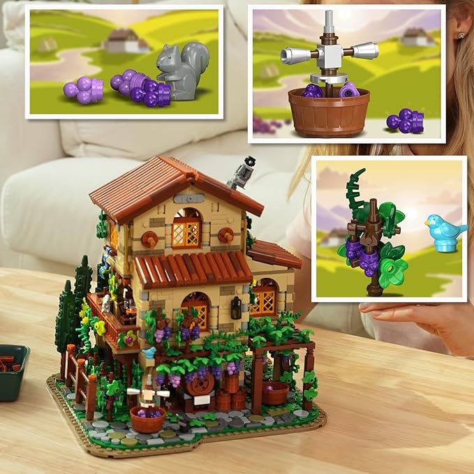 Winery Chateau House Building Set with Lights, Vineyard Castle Construction Model Home Decor, 1826 PCS Vine Estate Autumn Cabin Building Block Kit, Birthday Gift for Adults Teens Boys Girls