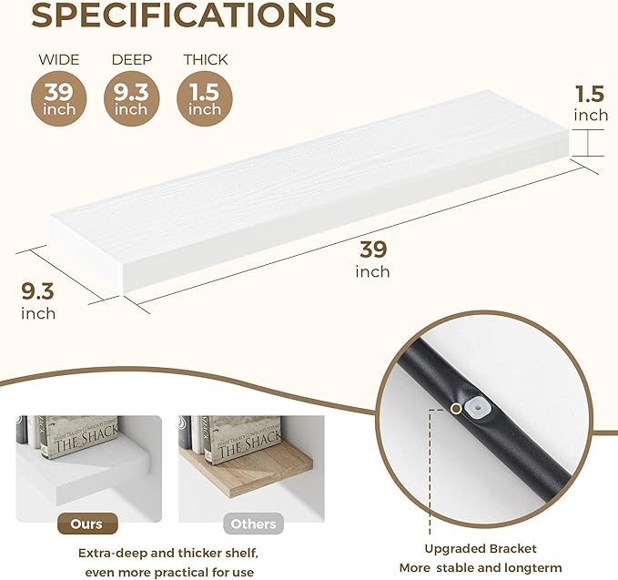 40 Inches Floating Shelves for Wall, 9.3" Deep Long Floating Shelves Set of 2, Large Display & Storage Shelf, Wall Shelf for Bathroom Bedroom Living Room Kitchen Office, White
