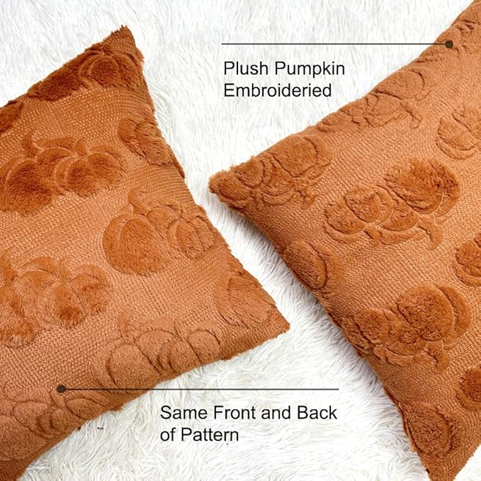 Booque Valley Fall Decorative Pillow Covers Set of 2 Soft Fluffy Faux Fur Wool Pumpkin Throw Pillowcases for Autumn Halloween Farmhouse Home Decor, 18 x 18 inch, Rust