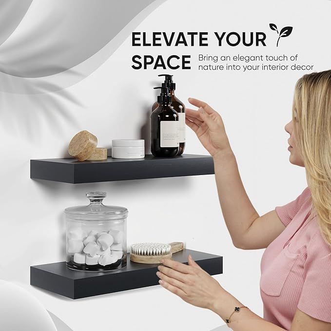 Homeforia Black Floating Shelf 18 inch, High End Solid Real Wood 18inch Bathroom Floating Shelves for Wall Mounted, Black Wooden 18in Floating Shelves, Heavy Duty Bracket, 18 X 6.5 X 1.75 in, Set of 3