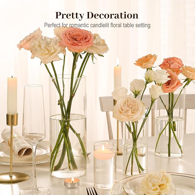 16 Pack Glass Cylinder Vases 4, 6, 8, 10 Inch Tall Clear Flower Vases for Table Centerpieces Wedding Decoration, Hurricane Floating Candle Holder for Party Home Decor