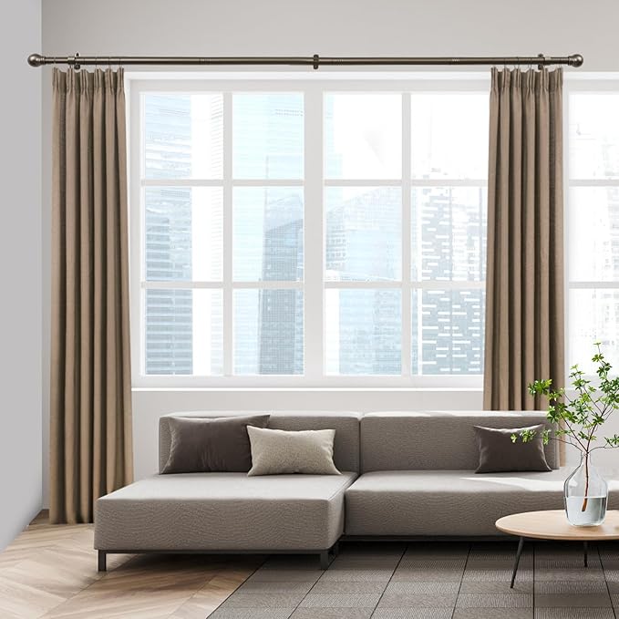 Curtain Rods for Windows 16 to 136 Inches, Curtain Rod Max Adjustable Length of 144 IN, 6/8" Diameter Drapery Rods Round Finials, Brown, Pack of 2