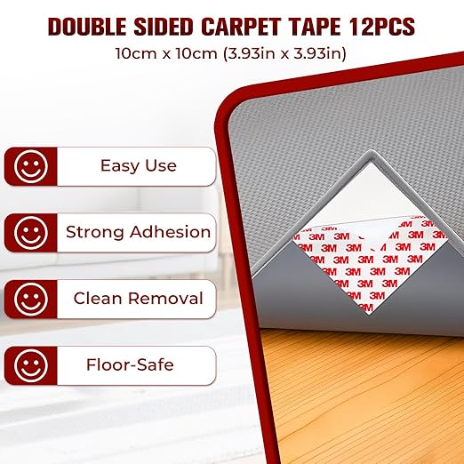 Carpet Tape Double Sided, Heavy Duty Rug Tape for Hardwood Floors, Non-Slip Carpet Adhesive Tape for Area Rugs, Strong Grip, No Residue