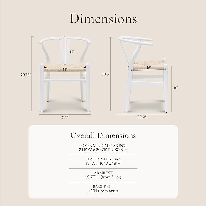 POLY & BARK Weave Dining Chairs – Mid-Century Modern Wishbone Dining Chairs with Arms, Solid Wood Frame, Indoor Use – White – Set of 2 - Ideal for Dining Room, Kitchen or Stylish Accent Setting