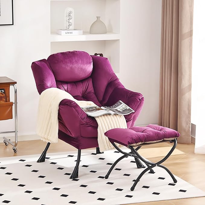 Lazy Chair and Ottoman, Large Accent Lounge Chair with Armrests and a Side Pocket, Modern Leisure Upholstered Sofa Reading Armchair with Footrest for Bedroom, Living Room, Dorm Rooms, Office