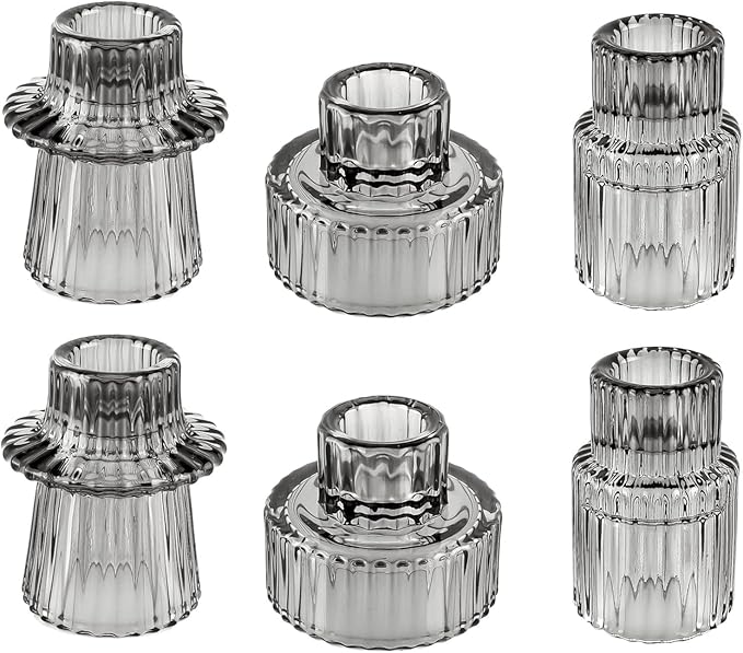 Double Sided Vintage Ribbed Taper Glass Candle Holders,Tea Candle Holder for Table Centerpieces, Wedding Decorations and Dinner Parties (Gray, 6 PCS)