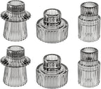 Double Sided Vintage Ribbed Taper Glass Candle Holders,Tea Candle Holder for Table Centerpieces, Wedding Decorations and Dinner Parties (Gray, 6 PCS)