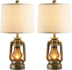RORIANO Set of 2 Farmhouse Lantern Table Lamps for Living Room with 2 USB Charging Ports, Rustic Vintage Nightstand Lamps with Nightlight for Bedroom End Table Entryway, 4 Bulb Included