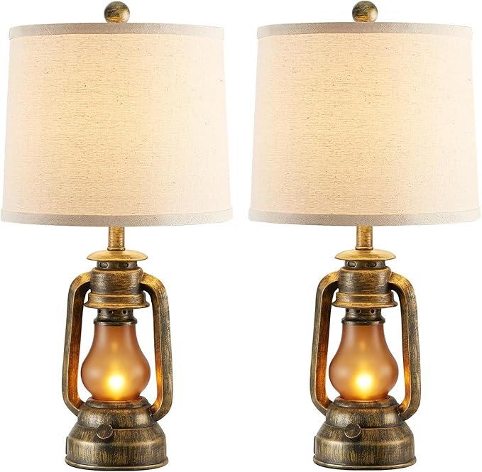 RORIANO Set of 2 Farmhouse Lantern Table Lamps for Living Room with 2 USB Charging Ports, Rustic Vintage Nightstand Lamps with Nightlight for Bedroom End Table Entryway, 4 Bulb Included