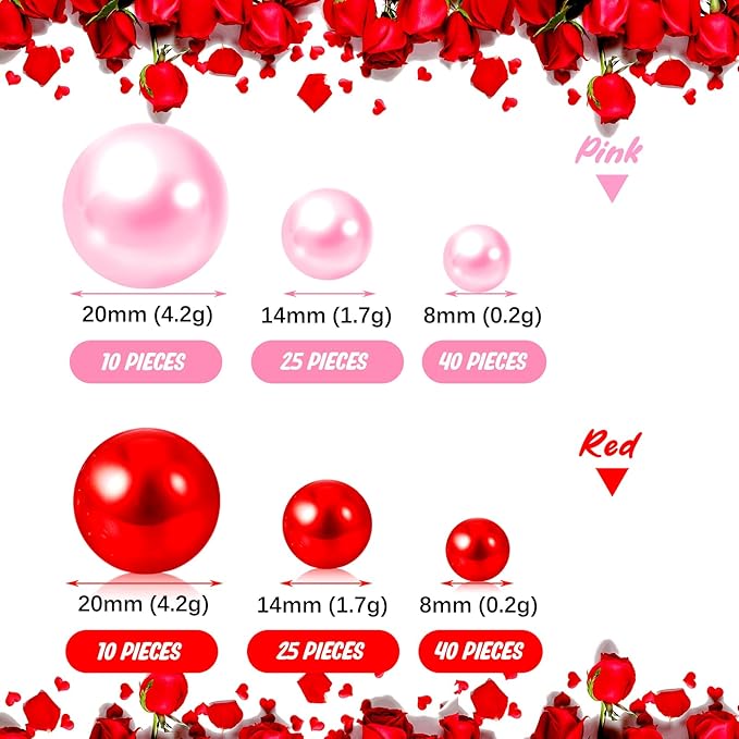 Pink Red Vase Filler | 150PCS Pearls Bead for Centerpieces Vases | 8/14/20 mm No Hole Beads, Fake Pearls for Wedding Birthday Theme Party Table Centerpieces Decors