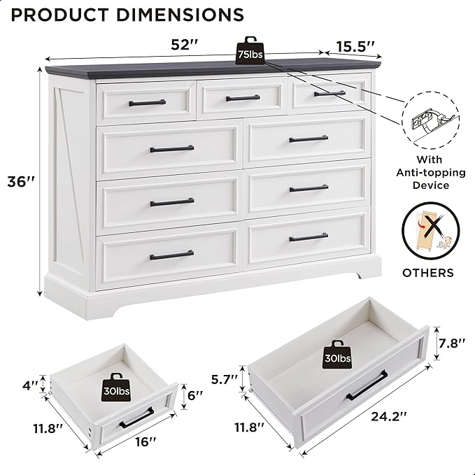 ACCOHOHO Farmhouse 9 Drawer Dresser for Bedroom, 36 Inch Tall Modern Dresser TV Stand with Large Drawers & Bar Handles, Rustic Wood Chest of Drawers for Bedroom, Living Room, Hallway, Off White